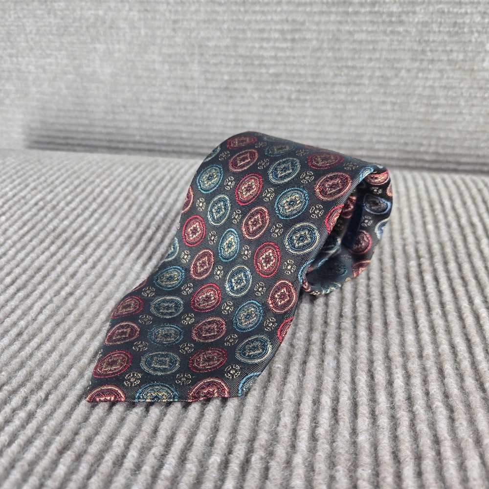 Jonathan Mens Black Red Gold Teal Medallion Pattern Classic Silk Necktie